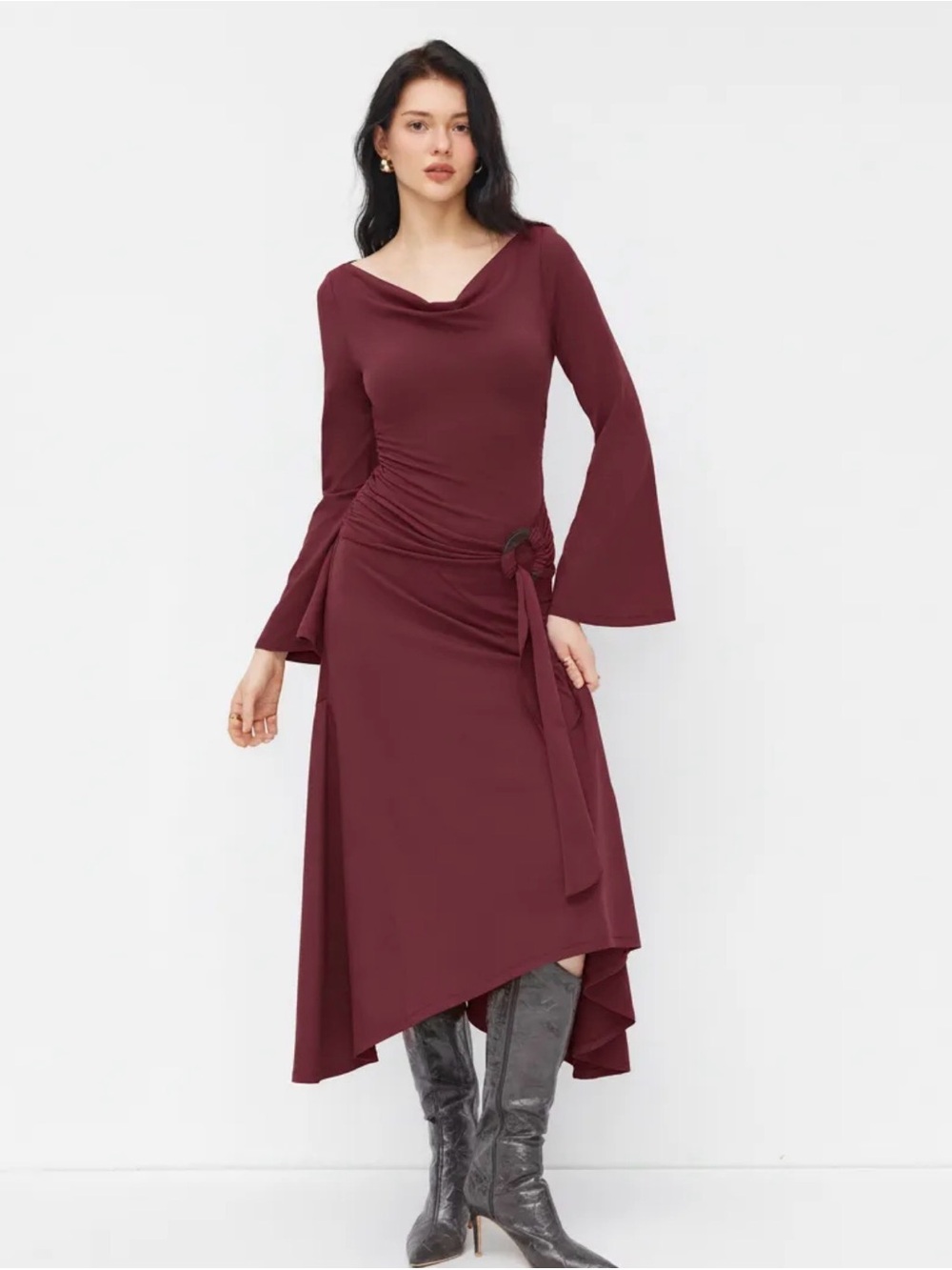 COWL NECK BELL SLEEVE O-RING RUCHED RUFFLE HEM MIDI DRESS M ZZ1